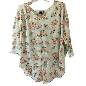 Cruel Denim Career Blouse High Low Floral Sheer 3/4 Sleeve Women's Small Blue